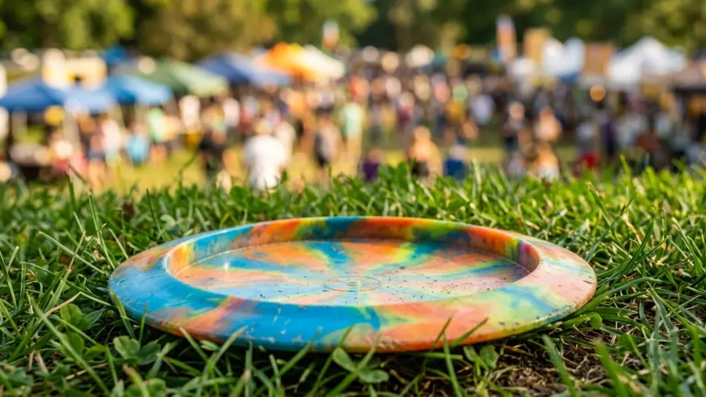 Mitmevärviline kettagolfi ketas lebamas rohelisel murul udusel festivalialal koos paljude telkidega