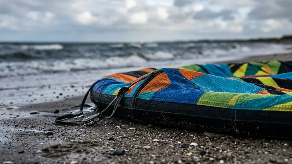 Kirju lohesurfi puri on asetatud märjale liivarannale tormise ja pilvise mere taustal.
