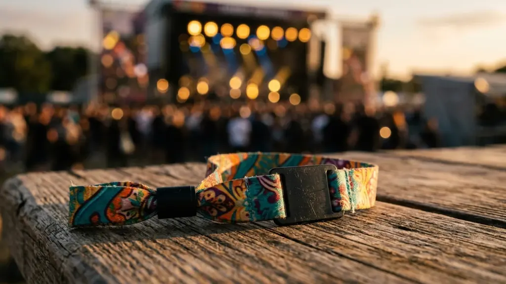 Kirju mustriga festivali käepael asetseb puidust laual, taustal on udune kontserdilava ja publik.
