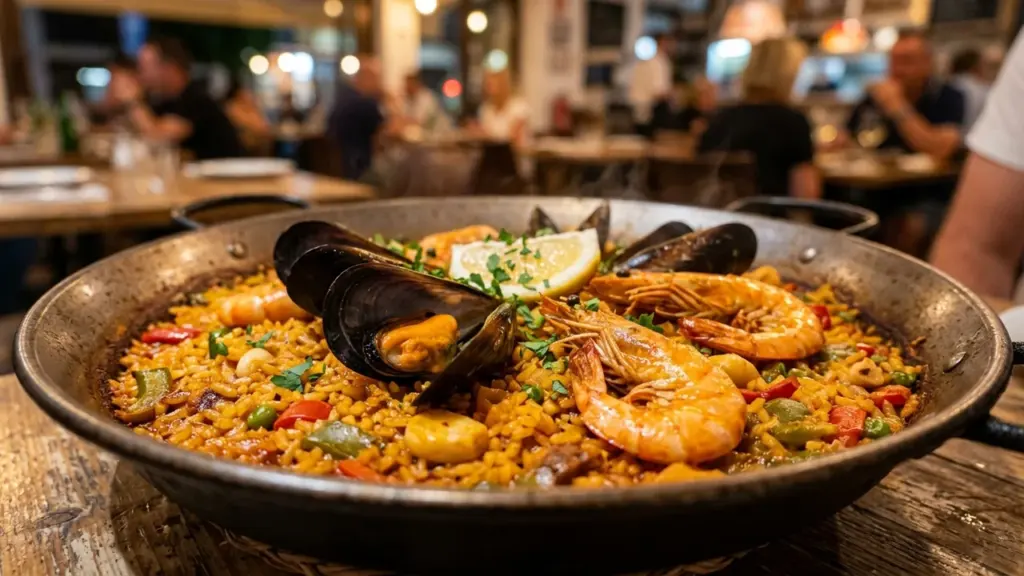 Traditsiooniline Hispaania paella mereandide, rannakarpide, krevettide ja sidruniviiluga suurel metallist pannil restoranis.