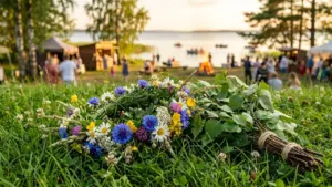 Eestipärane lillepärg ja kasevihk rohelisel murul, taustal toimub lõkkeõhtuga suveüritus järve kaldal.