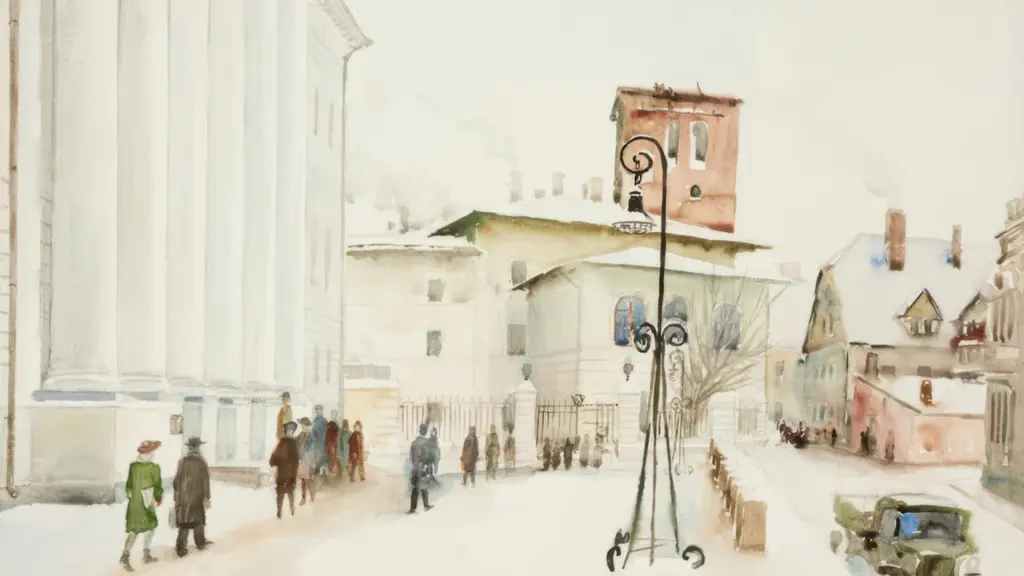 Ajalooline illustratsioon Tartu ülikooli peahoone fassaadist ja lumisest tänavast talvises Tartus.
